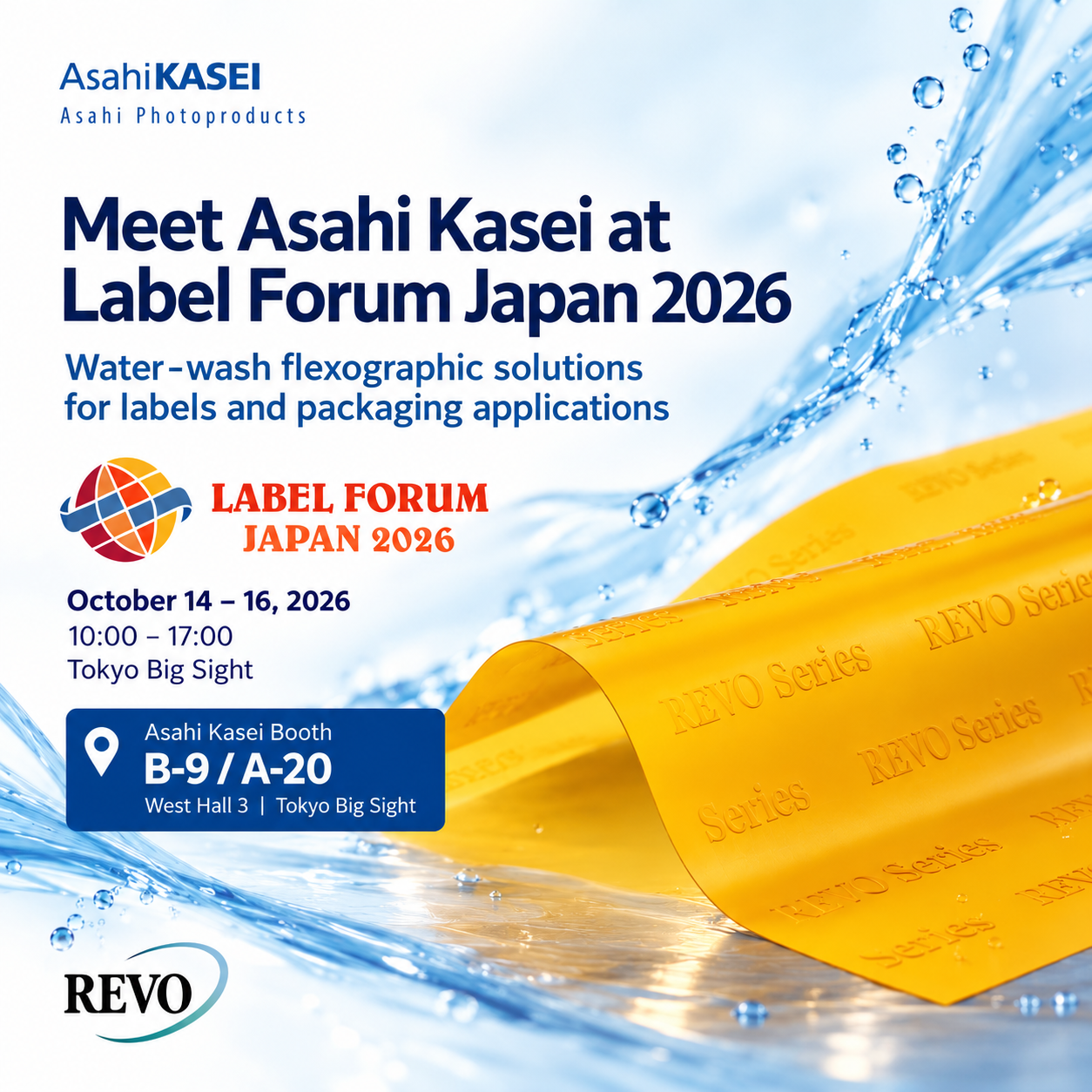 Asahi Kasei at Label Forum Japan 2026, Tokyo Big Sight, 14–16 October, booths B-9 and A-20.